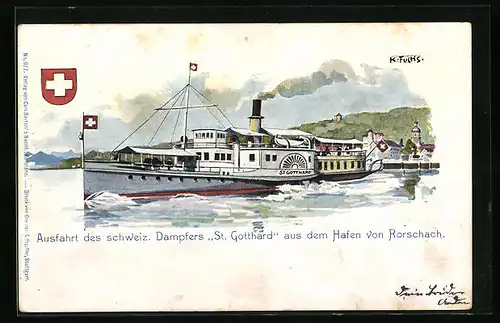 Künstler-AK Ausfahrt des schweiz. Dampfers St. Gotthard aus dem Hafen von Rorschach