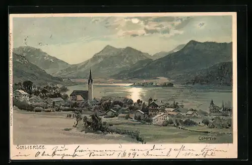 Künstler-AK Edward Theodore Compton: Schliersee, Totalansicht mit Mondschein