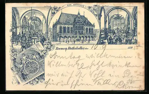 Vorläufer-Lithographie Bremen, 1895, Rathaus mit Restaurant Ratskeller, Innenansicht