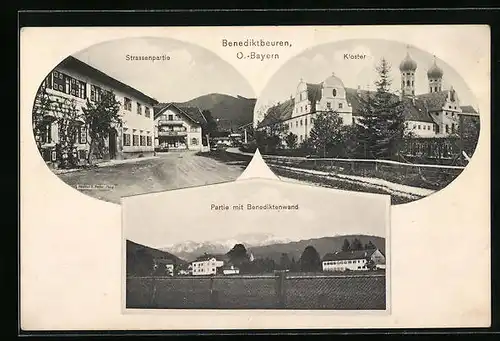 Künstler-AK Eugen Felle: Benediktbeuern, Partie mit Benediktenwand, Kloster, Strassenpartie