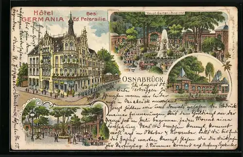 Lithographie Osnabrück, Hotel Germania, Haupt-Garten-Ansicht, Hof