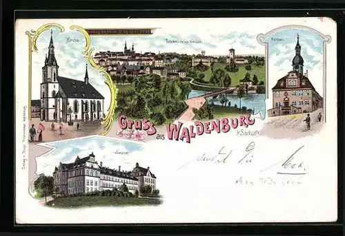Lithographie Waldenburg i. Sachsen, Seminar, Kirche, Rathaus
