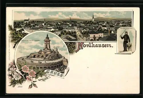 Lithographie Nordhausen, Teilansicht, Kaiser-Wilhelm-Denkmal, Roland-Denkmal