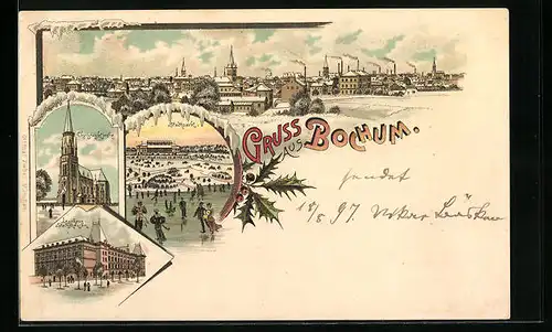 Lithographie Bochum, Logierhaus Stahlhausen, Christus-Kirche, Stadtpark mit Eisbahn im Winter