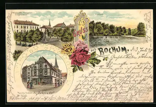 Lithographie Bochum, Wilhelmsplatz mit Amtsgericht und Kriegerdenkmal, Haus des Dichters Kortum, Stadtpark