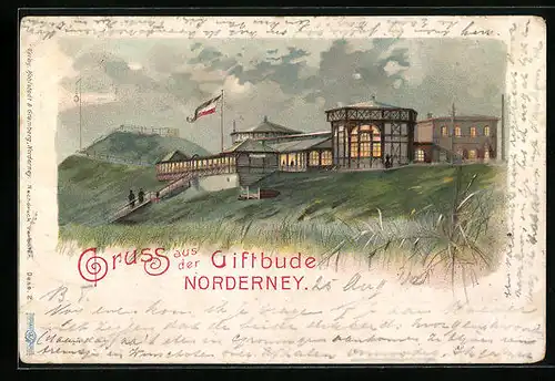 Lithographie Norderney, Gasthaus Giftbude