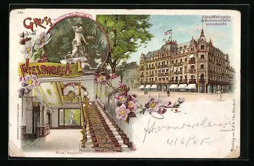 Lithographie Wiesbaden, Hotel Metropole, Vestibül, Brunnengruppe i. Wintergarten
