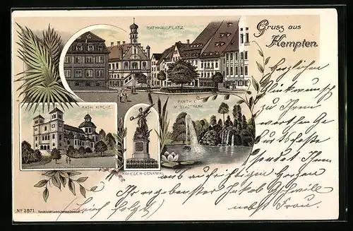 Lithographie Kempten, Rathausplatz mit Stadtapotheke, Katholische Kirche, Krieger-Denkmal