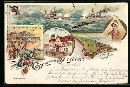 Lithographie Helgoland, Konversationshaus, Postgebäude, Dampfer auf hoher See