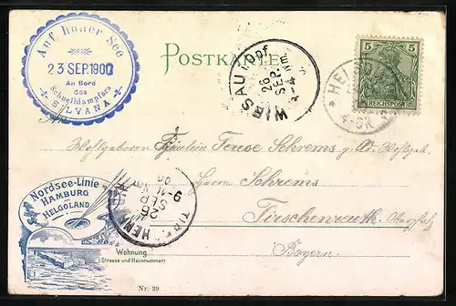 Lithographie Helgoland, Konversationshaus, Postgebäude, Dampfer auf hoher See