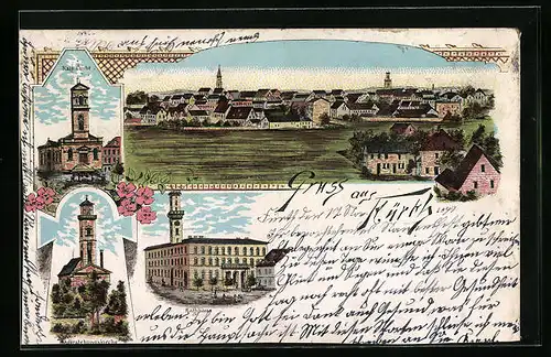 Lithographie Fürth, Auferstehungskirche, Rathaus, Katholische Kirche