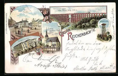 Lithographie Reichenbach i. V., Bürgerschule, Kirche St. Petri u. Pauli, Karlsturm