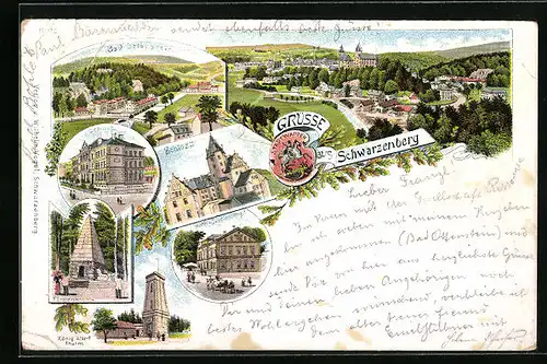 Vorläufer-Lithographie Schwarzenberg, 1895, Hotel Saechsischer Hof, Bad Otterstein, Schloss