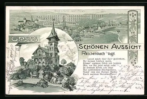 Lithographie Reichenbach i. Vogtl., Gasthaus Zur schönen Aussicht, Blick vom Turm nach Mylau