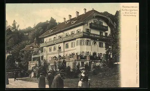 AK Bad Tölz, Restaurant Kolbergarten und Blick auf den Kalvarienberg