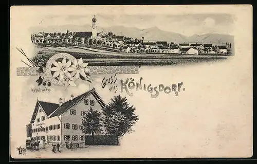 AK Königsdorf, Gasthof zur Post, Teilansicht mit Kirche