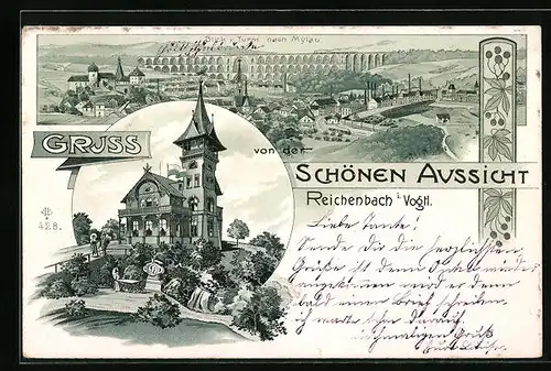 Lithographie Reichenbach i. Vogtl., Gasthaus Zur schönen Aussicht, Blick vom Turm nach Mylau