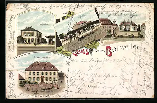 Lithographie Bollweiler, Bahnhof, Schloss Argenson, Schloss der Grafen von Bollweiler