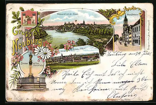 Lithographie Neuburg, Ansicht von der hohen Schanze, Brunnen auf dem Karls-Platze, Amalienstrasse