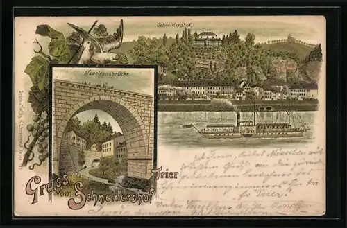 Lithographie Trier, Gasthaus Schneidershof mit Dampfer, Napoleonsbrücke mit Bachdurchlauf