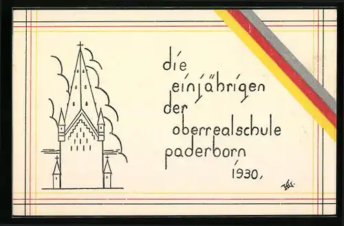 Künstler-AK Paderborn, Einjähriges der Oberrealschule 1939 - Kirche, Banderole in Leuchtfarben