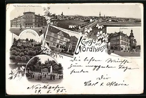 Lithographie Nordhausen, Panorama der Stadt, Gehege, Riesenhaus und Lutherdenkmal