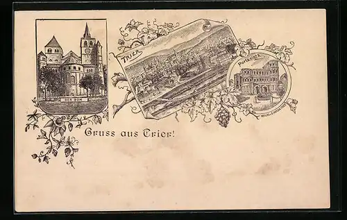 Künstler-AK Trier, Dom, Gesamtansicht, Porta Nigra