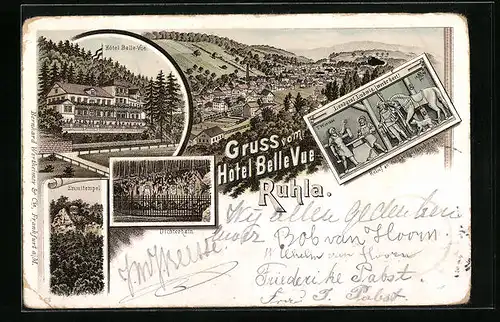 Lithographie Ruhla, Hotel Belle-Vue, Emmitempel, Dichterhain, Relief an der Landgrafenschmiede