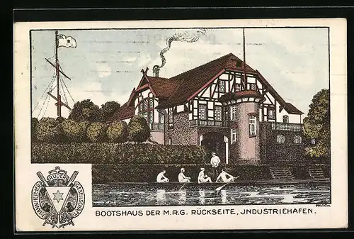 Lithographie Mannheim, Bootshaus der M. R. G. - Rückseite, Industriehafen, Wappenzeichen