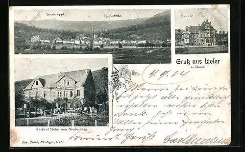 AK Lieser /Mosel, Panorama mit Grainkopf, Schloss, Gasthof Mehn zum Niederberg