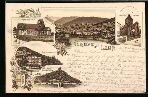 Lithographie Lahr /Schwarzw., Storchen-Thurm, Reichswaisenhaus, Ruine Hohengeroldseck, Ortsansicht