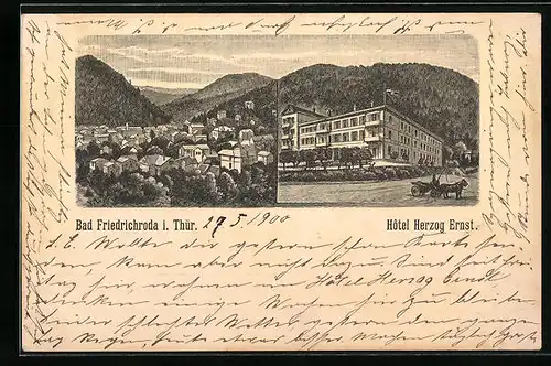 Lithographie Bad Friedrichroda /Th., Hotel Herzog Ernst, Ortsansicht