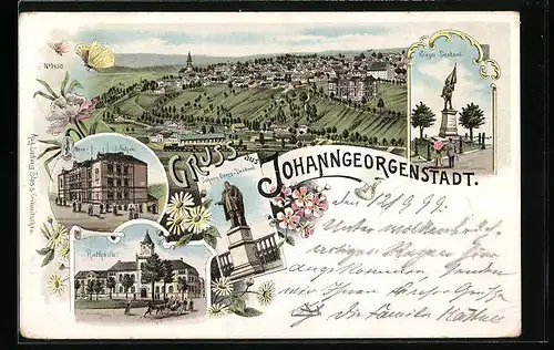 Lithographie Johanngeorgenstadt, Totalansicht, Neue Schule, Krieger-Denkmal, Rathaus