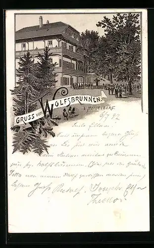 Lithographie Heidelberg, Gasthaus Wolfsbrunnen in waldiger Umgebung