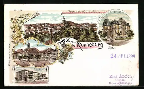 Lithographie Ronneburg, Rathaus, Postamt, Neue Schule