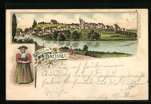 Lithographie Dachau, Ortsansicht mit Dame in Tracht