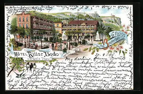 Vorläufer-Lithographie Thale a. Harz, Hotel Ritter Bodo mit Terrassen 1895