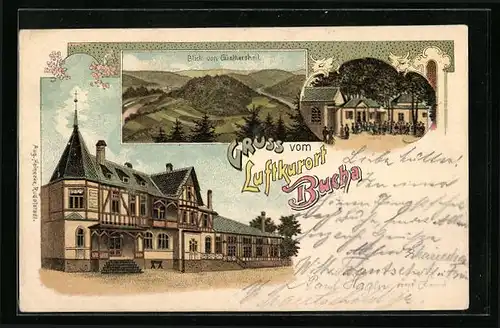 Lithographie Bucha, Ortsansicht mit Blick vom Günthersheil