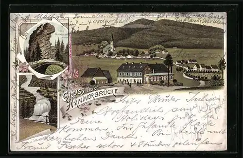 Lithographie Hammerbrücke, Riss-Wasserfall, Weidlich`s Gasthaus, Der Schnecken-Stein