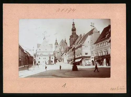 Fotografie Brück & Sohn Meissen, Ansicht Eisleben, Marktplatz mit Geschäft S. & M. Crohn, Otto Meyer, Denkmal, Kirche
