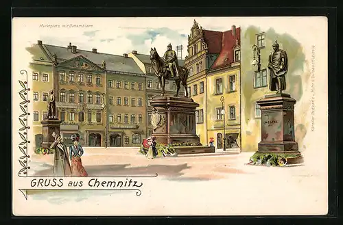 Lithographie Chemnitz, Marktplatz mit Denkmälern