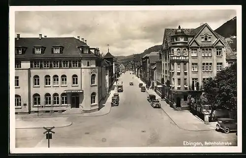 AK Ebingen, Bahnhofstrasse mit Postamt und Bahnhofhotel
