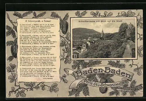 Künstler-AK Baden-Baden, Schlossterrasse mit Blick auf die Stadt, Gedicht, Tannenzapfen