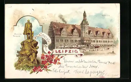 Lithographie Leipzig, Bismarck Denkmal, Rathhaus