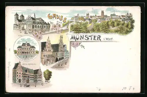 Lithographie Münster, Köngiliche Akademie, Königliche Regierung, Rathaus