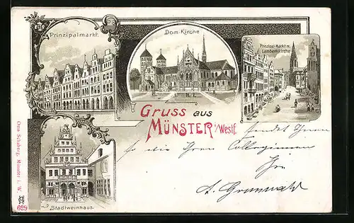 Lithographie Münster i. Westf., Stadtweinhaus, Dom-Kirche, Prinzipalmarkt