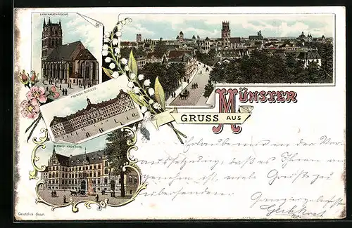 Lithographie Münster, Liebfrauenkirche, Königsliches Schloss, Königliche Regierung