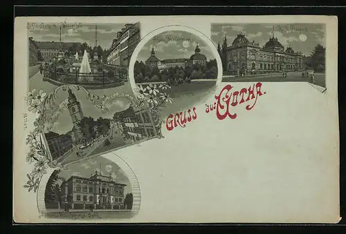 Mondschein-Lithographie Gotha, Schloss Friedenstein, Lebens-Versicherungs-Bank, Kaiserliches Postamt