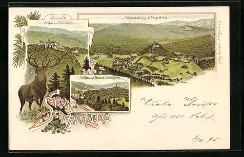 Lithographie Schwarzburg, Teilansicht vom Tripstein, Schloss mit Terrasse und Hirschwiese, Schloss vom Helenensitz