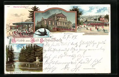 Lithographie Bad Schwalbach, Kurhaus am Abend, Stahlbrunnen, Kurpark